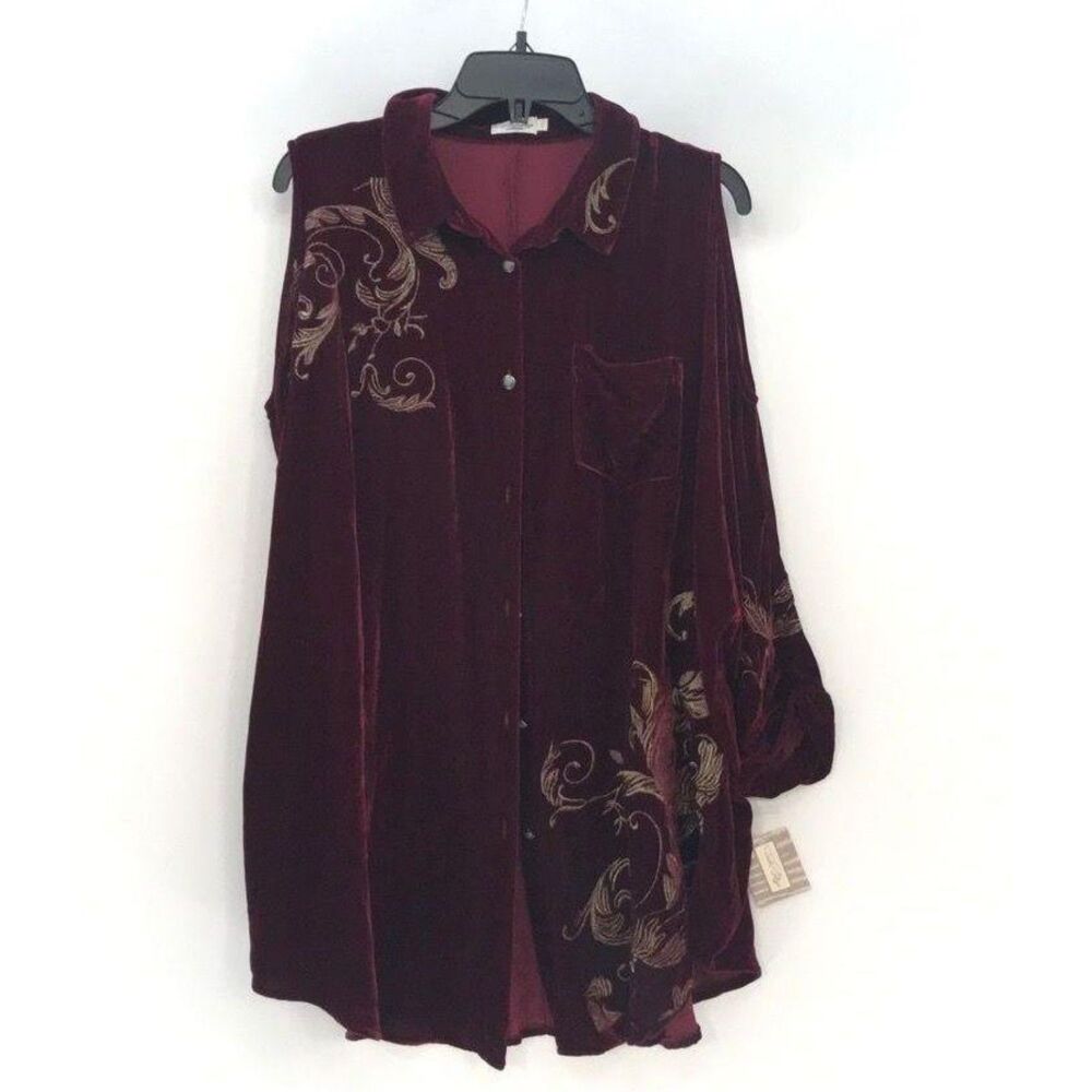 Tasha Polizzi Collection Women's Velvet Cold Shoulder Embroidered Tunic Top L